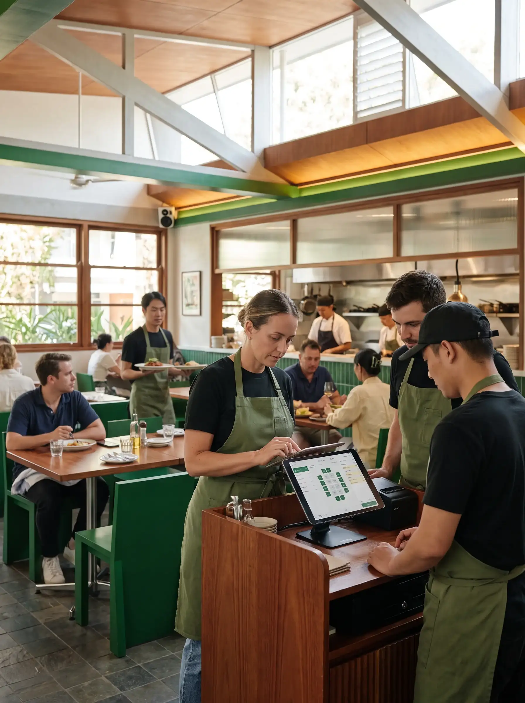 Kitchen team working through the order queue